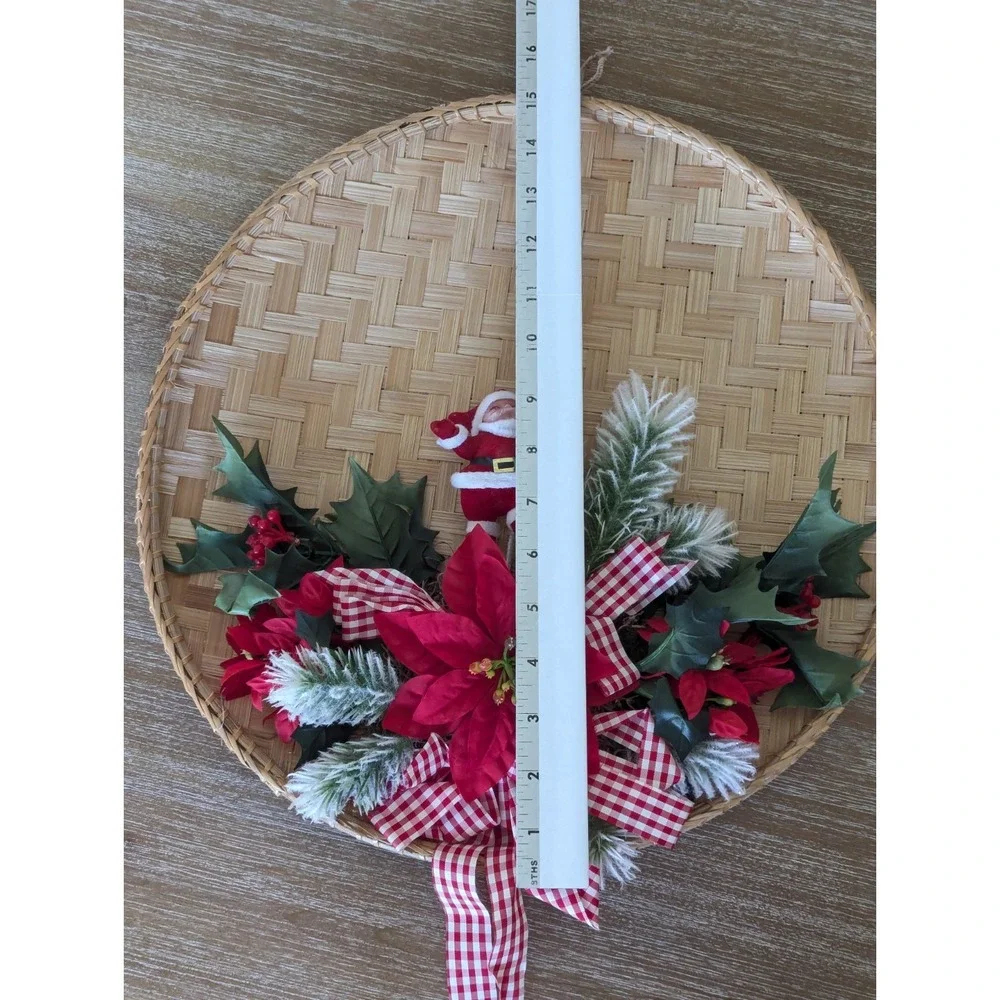 Vintage Flocked Chenille Santa Christmas Wreath Tray Poinsettia Wall Door Decor